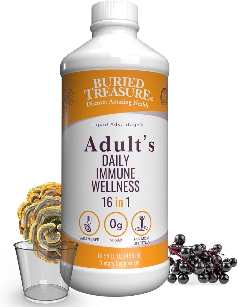 Trésor enseveli Adulte quotidien Immune Bien-être, 16oz avec la coupe de dose, Elderberry Echinacea VIT-C Zinc, Mélange de champignons, Booster naturel Immune