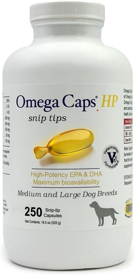 Omega Caps HP Snip Conseils pour les chiens moyens et grands High Potency EPA et DHA maximum de biodisponibilité Supplément d'huile de poisson Vet Formulé Made in USA Skin Coat Joint and Heart Health 250 Capsules