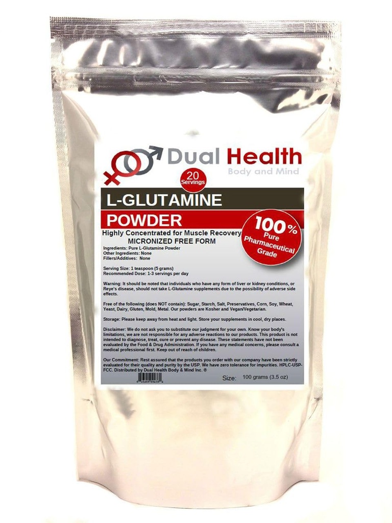 L-Glutamine (100 Grams -3,5 oz) Pure Poudre 5000mg Suppléments en vrac de forme libre, fabriqués aux États-Unis, Immune Digestion GI Soutien Leaky Gut Santé Muscle Énergie Stamina Endurance Force