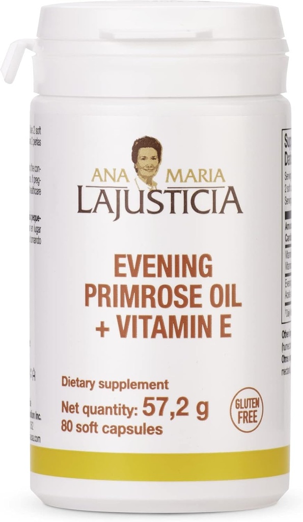 Ana Maria Lajusticia - Evening Primerose Oil + Vitamin E - 80 Soft Capsules Pack -1000mg. Gluten Free, Lactose Free and Sugar Free. All Natural.