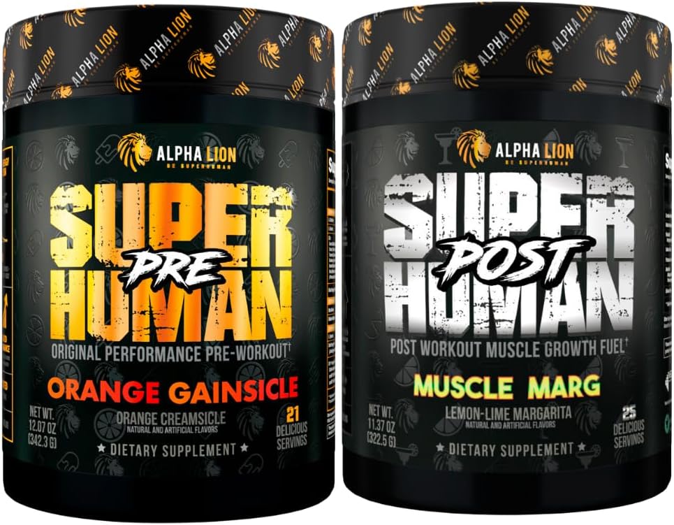 ALPHA LION Pré-entraînement surhumain Poudre et post-entraînement Recovery Bundle, énergie soutenue et focus + croissance musculaire maigre, force et volume (Hulk Juice & Gainy Smith Apple)