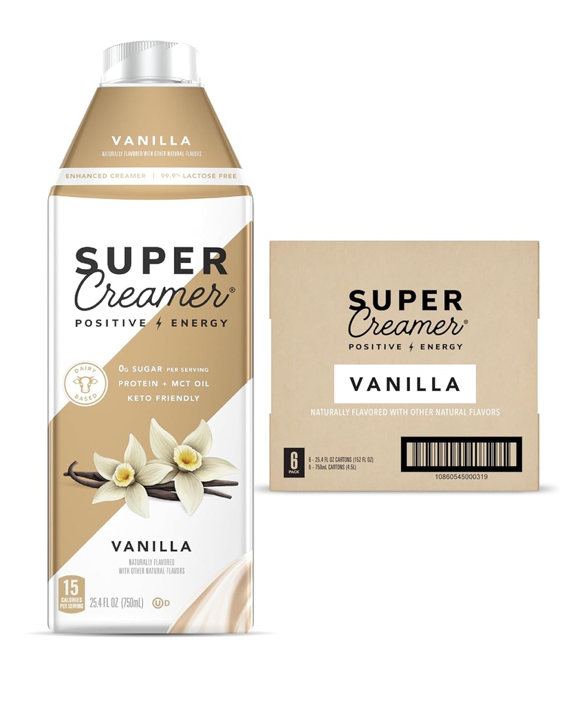 SUPER COFFEE Creamer | SugarFree | 25.4 Fl Oz, Pack of 6 | Keto Coffee Creamer | 0g Sugar, 1g Protein, 15 Calories | Vanilla