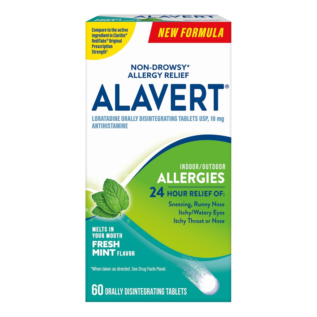 Alavert Allergie Relief 24 heures, Arôme de menthe fraîche, Désintégration orale des comprimés d'allergie, Antihistaminique non somnolent, Loratadine 10mg, 60 Compte