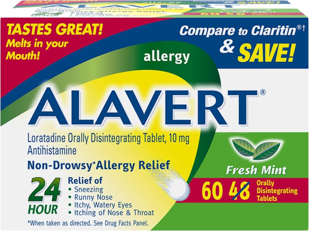 Alavert Allergie Relief 24 heures, Arôme de menthe fraîche, Désintégration orale des comprimés d'allergie, Antihistaminique non somnolent, Loratadine 10mg, 60 Compte