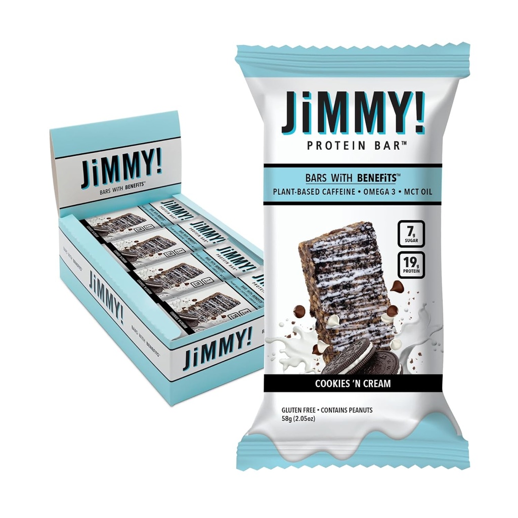 JIMMYBAR! - Cookies N Barres protéinées à la crème 19g Barre protéinée - 7g Sucre faible - 12 Compte - 58g Barres de santé - Snack fonctionnel avec de vrais ingrédients alimentaires - Chocolat à la main - Fait avec de vrais arachides