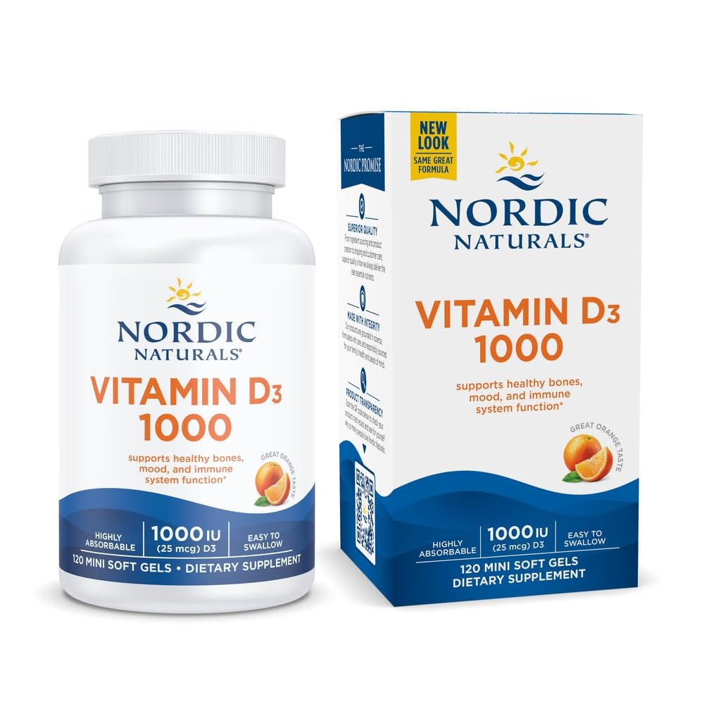 Nordic Naturals Vitamine D3 1000, Orange - 120 Mini Gels Soft - 1000 UI Vitamine D3 - Soutient les os sains, l'humeur et le système immunitaire Fonction - Non-OGM - 120 portions