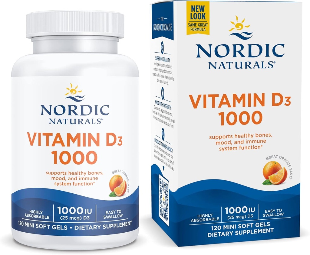 Nordic Naturals Vitamine D3 1000, Orange - 120 Mini Gels Soft - 1000 UI Vitamine D3 - Soutient les os sains, l'humeur et le système immunitaire Fonction - Non-OGM - 120 portions