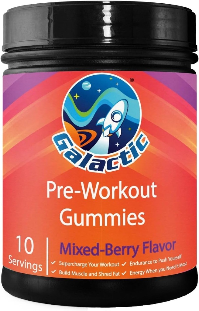 Gummées pré-entraînement galactiques, toutes naturelles, 250 mg de caféine, Beta-Alanine, L-Citrulline, L-Theanine, Picolinate de chrome, 10 portions