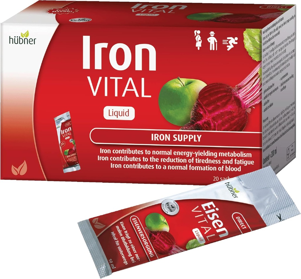 Hübner Iron Vital Liquid Iron Supply Plus Vitamine C, complément alimentaire pour adultes et enfants, végétalien et sans gluten, saveur de fruits, boîte de 20 paquets, 10 ml