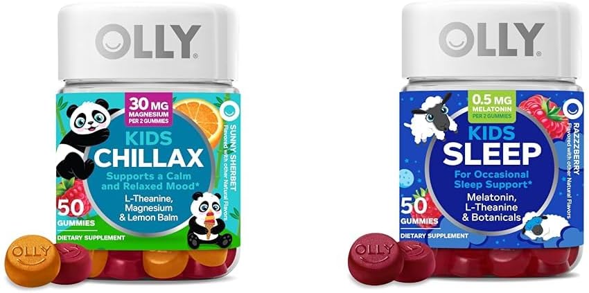 OLLY Kids Chillax Gummies L-Theanine Magnesium Lemon Balm 50 Count & Sleep Gummies 0.5mg Melatonin L Theanine Chamomile Lemon Balm 50 Count