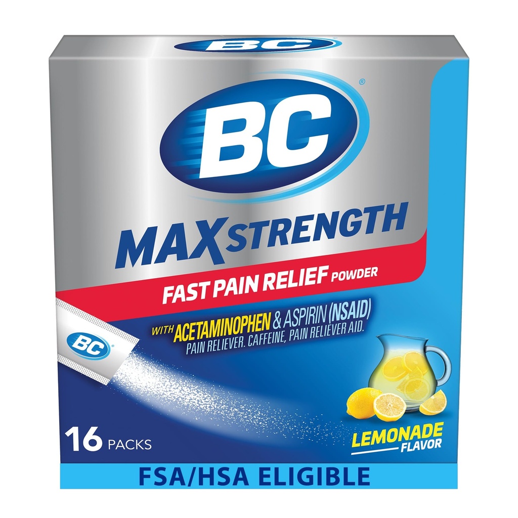 BC MAX Strength Poudre de soulagement rapide de la douleur, Aspirine Lémonade Aromatisée 500mg et Acétaminophène 500mg Dissolve Packs, 16 Nombre