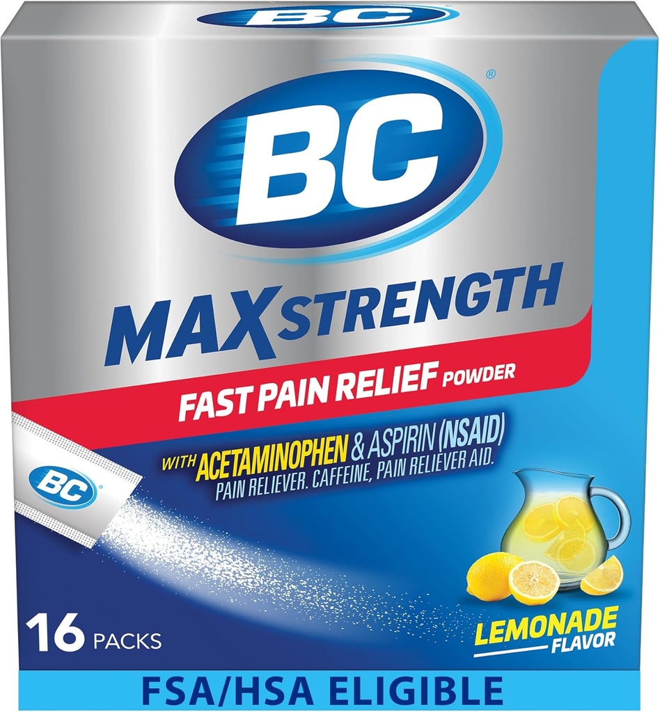 BC MAX Strength Poudre de soulagement rapide de la douleur, Aspirine Lémonade Aromatisée 500mg et Acétaminophène 500mg Dissolve Packs, 16 Nombre