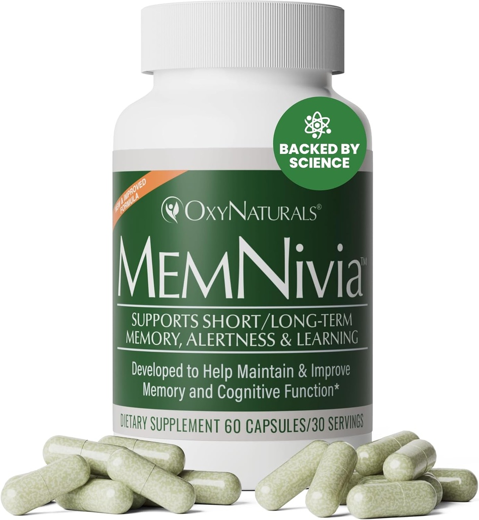MemNivia Cerveau Suppléments pour la mémoire et le focus.Formule de cellules souches à double âge avec Cognivia®, Bacopa, Saint Basile et Ginger.