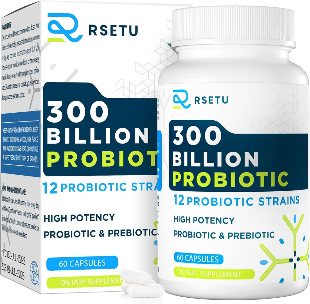 Probiotiques pour les femmes Hommes: 300 Million CFU Probiotique haute puissance + 12 souches Probiotiques organiques avec prébiotiques, Supplément probiotique quotidien pour la santé digestive, Gut, Immune et Bloating, 60 Capsules