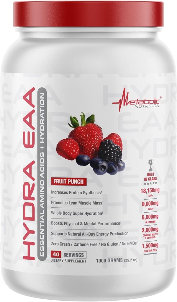 Nutrition métabolique Hydra EAA, 1000g d'acides aminés essentiels + Hydratation, AEA, BCAA, Glutamine, Électorlytes, Eau de coco et Glycérol, Saveurs étonnantes (Fruit Punch, 1000g)