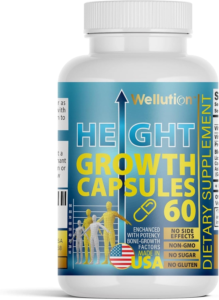 Soutien à la force et à la croissance des os pour les enfants et les adolescents – Calcium, collagène, vitamine D3 et mélange à base de plantes – 60 capsules, sans OGM, sans gluten, fabriquées aux États-Unis