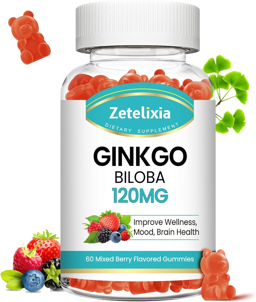 Ginkgo Biloba Gummies pour les femmes et les hommes, Supplément Cerveau Améliorer l'humeur et la concentration, Vegan Mixed Berry Flavor 60 Comte