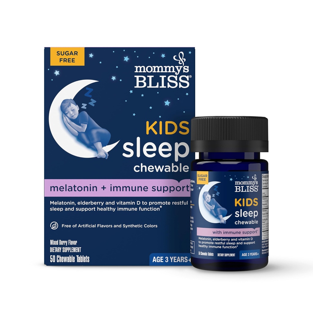 Mommy's Bliss Kids Dormir + Immunity 1 mg Melatonine à croquer, contient du magnésium, de la baie d'eau et de la vitamine D, sans sucre, 3 ans+, 1 bouteille (50 comprimés)