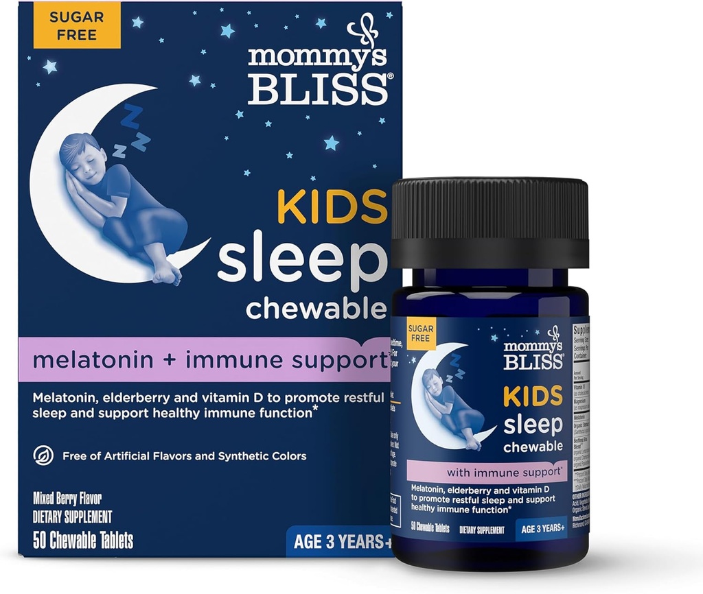 Mommy's Bliss Kids Dormir + Immunity 1 mg Melatonine à croquer, contient du magnésium, de la baie d'eau et de la vitamine D, sans sucre, 3 ans+, 1 bouteille (50 comprimés)