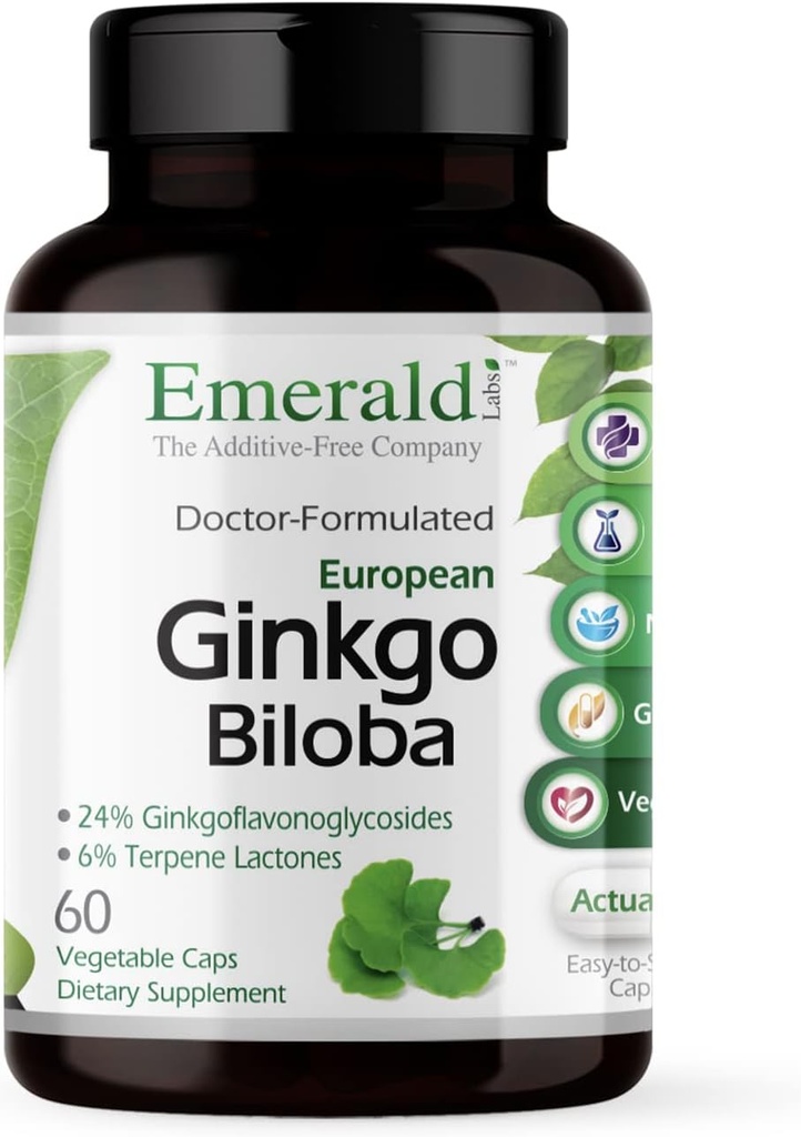 EMERALD LABS Ginkgo Biloba Extract - Supplément Santé du cerveau - Offre Antioxydants et Soutien énergétique - 60 capsules végétales (30 jours d'approvisionnement)