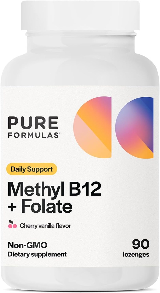 PureFormulas Méthyl B12 + supplément de folate, 1000 mcg de supplément de B12 méthylé, 665 mcg de folate, Saveur de vanille de cerise, vitamine B méthylée 12 - Non-OGM, 90 Lozenges