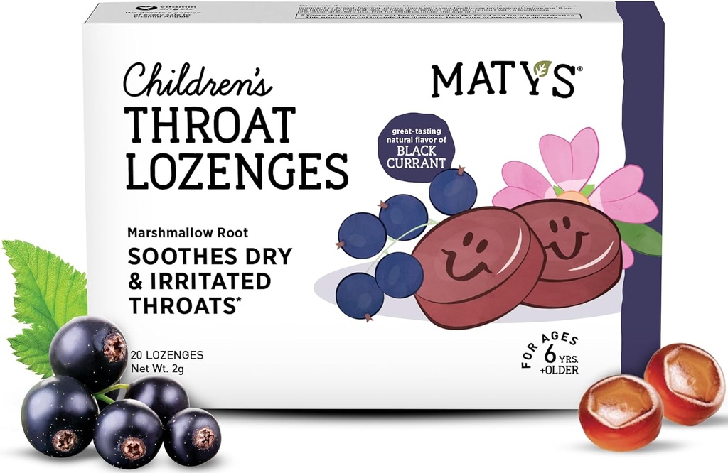 Matys Enfants Gorges Lozanges pour 6 ans +, Taste Black Currant Flavor, Soothe Dry & Irritated Throats & Voices with Marshmallow Root, sans sucre, végétalien, sans colorant, sans alcool, 20 comte