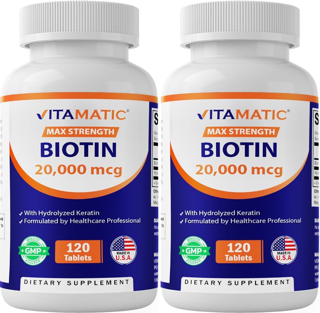 Biotine Vitamatique à haute puissance 20000 mcg (20mg) avec kératine 100mg - 120 comprimés végétariens - Suppléments Biotine pour la peau et les ongles des cheveux sains pour les adultes (120 Nombre (paquet de 2))