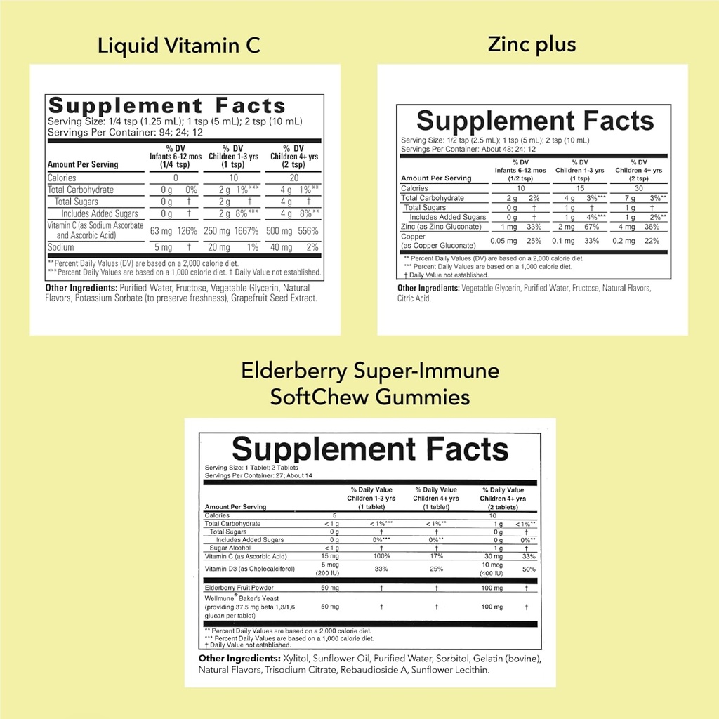 ENFANT ESSENTIELS Ensemble de soutien immunitaire pour les enfants - Vitamine C liquide, Gommies de mûrier et zinc liquide pour les nourrissons, les jeunes enfants et les enfants