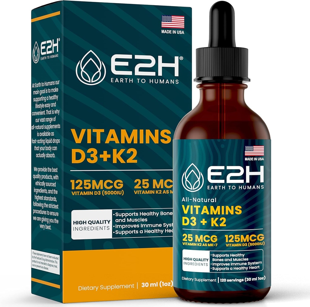 Vitamines E2H Supplément D3 & K2 pour le support immunitaire - Vitamine liquide D3 5000 UI - Fabriqué aux États-Unis - Non-OGM, Végétalien - 120 portions