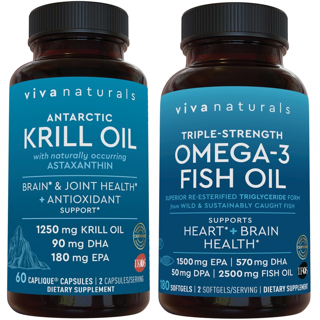 Huile de krill antarctique et mélange d'huile de poisson Omega 3 à triple résistance, 1250 mg d'huile de krill et 2200 mg d'huile de poisson par service fournissant Omega 3 EPA et DHA
