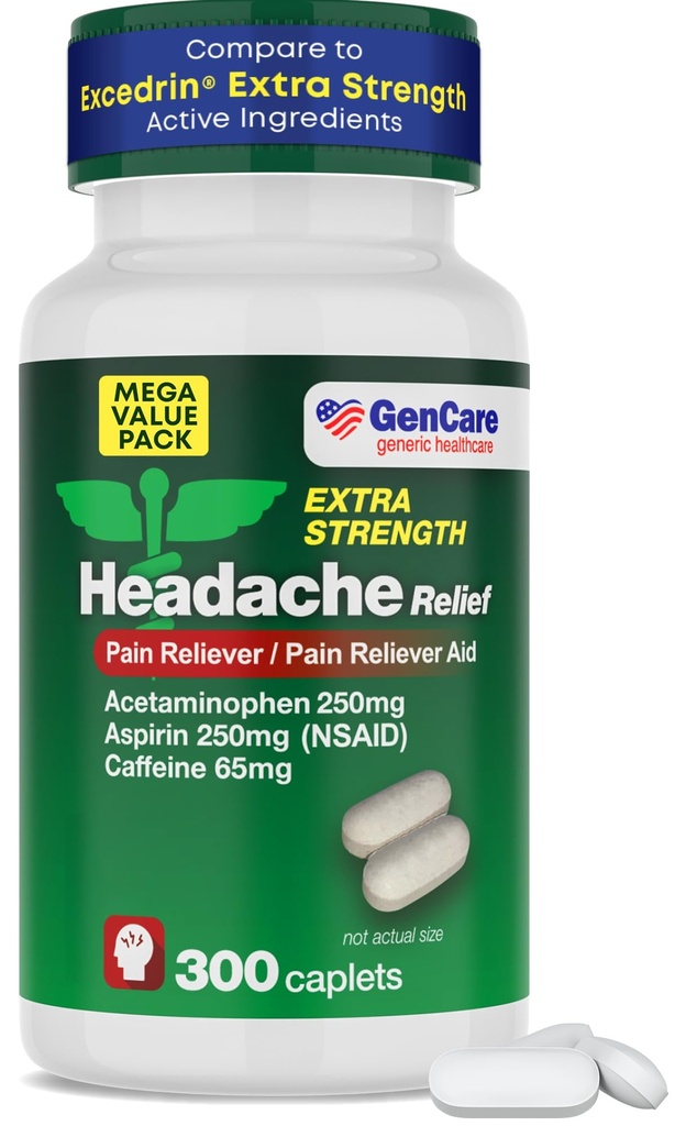 GenCare - Acétaminophène de soulagement des maux de tête avec aspirine (NSAID) et caféine (300 Caplets) Pack de valeur