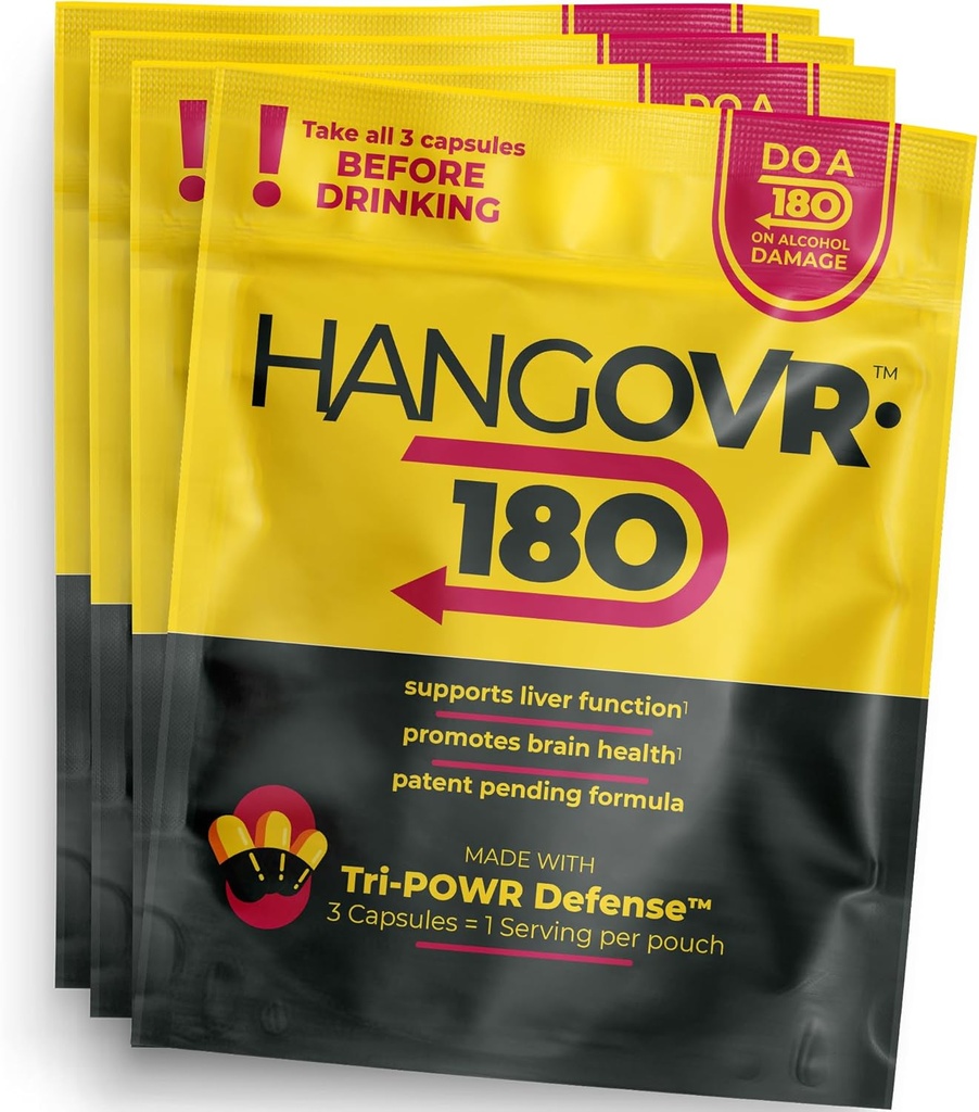 Hangovr 180 Tri-Power Before Drinking Defense 4 Pack - Support Liver & Brain Health, Feel Fresher & Better Energy - - Take Before Drinking for Relief, 3 Capsules per Pouch