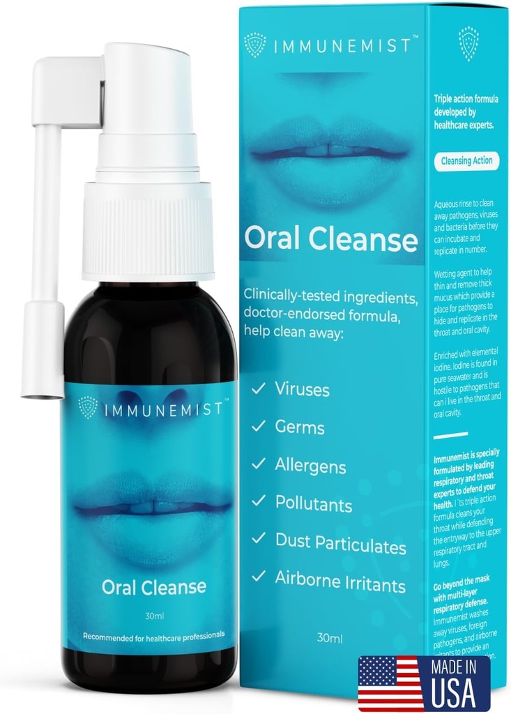 ImmuneMist™ Oral Cleanse - Iodine Throat Spray for Cold & Flu Relief - Oral Sore Throat Spray for Cough, Cleansing Against Bacteria, Germs, Viruses - Immune Support up to 250 Doses - Made in The USA
