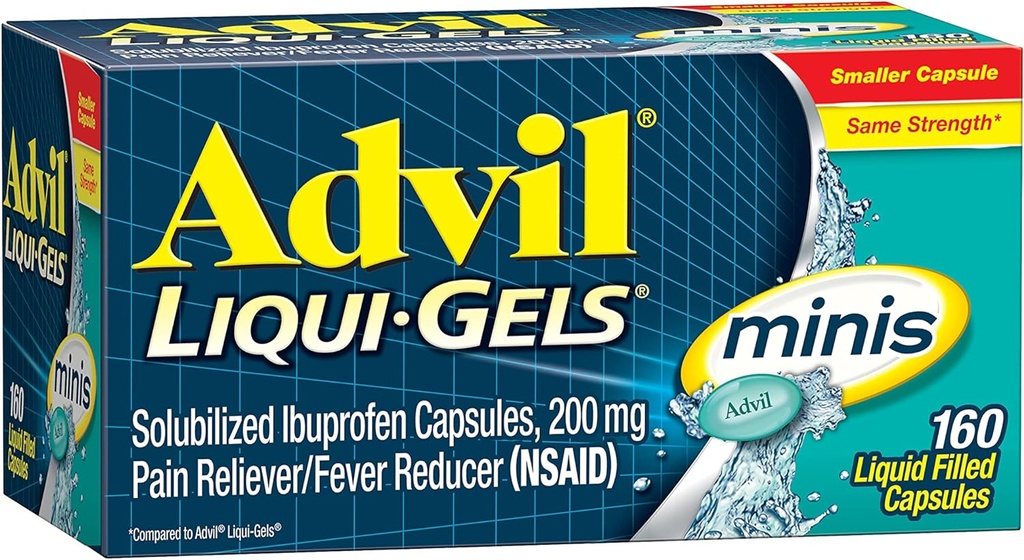 Advil Liqui-Gels Minis analgésique et réducteur de fièvre, médicament pour la douleur pour adultes avec l'ibuprofène 200mg pour soulager la douleur - 160 Capsules remplies de liquide