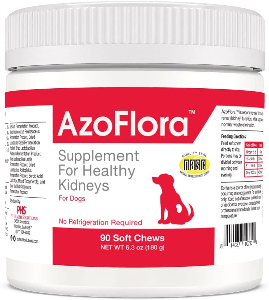 Supplément Azoflora pour les reins sains pour chiens - Améliore la fonction rénale - Soutenir un système urinaire sain, facile à administrer, sans réfrigération nécessaire, saveur de poulet - 90 chews doux