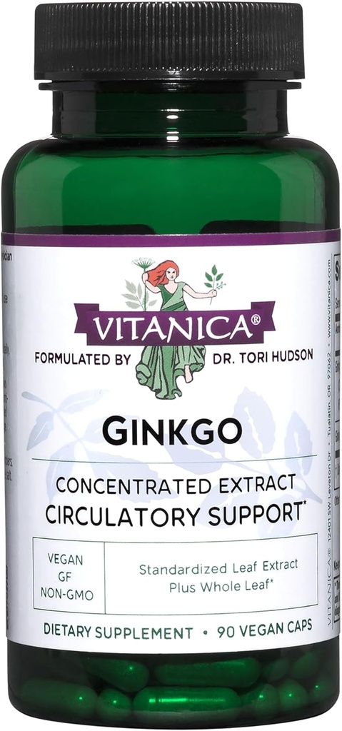 Vitanica Ginkgo - Supplément Santé du cerveau - soutient le flux sanguin et la circulation chez les femmes et les hommes - Supplément à base de plantes qui utilise l'extrait et la feuille de Ginkgo - Lady - 90 Capsules