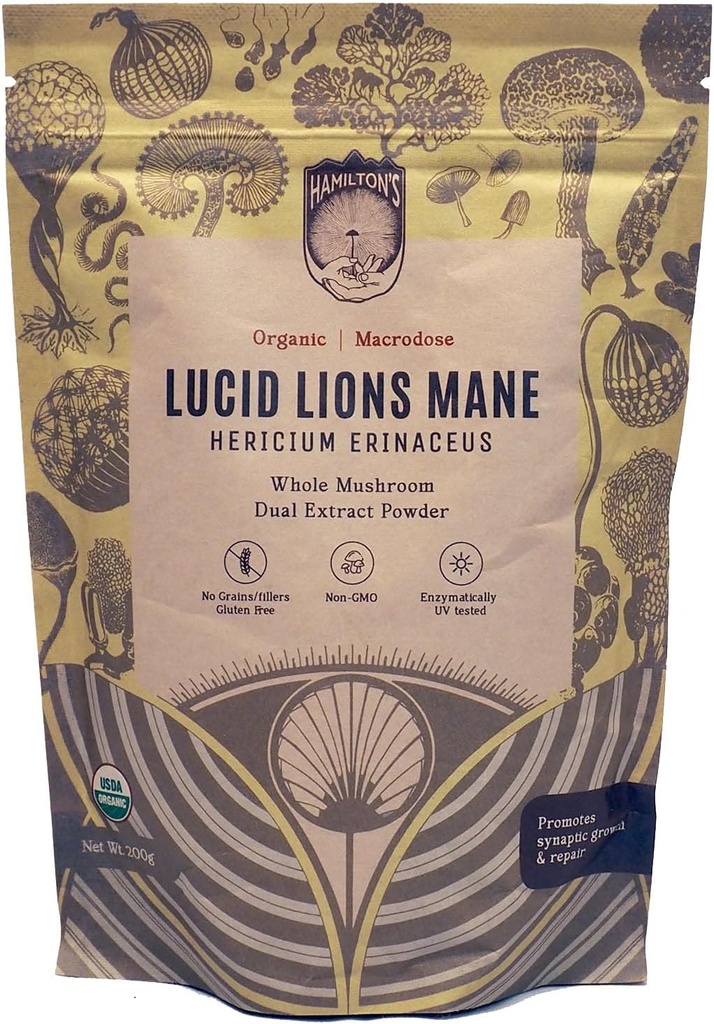 HamiltonS Lucid LionS ManeS Poudre d'extrait de champignons organiques pour la réparation de synapse, facteur de croissance nerf, focus, mémoire et concentration de haute puissance de 30% Beta Glucans GF, non-OGM, végétalien (200g)
