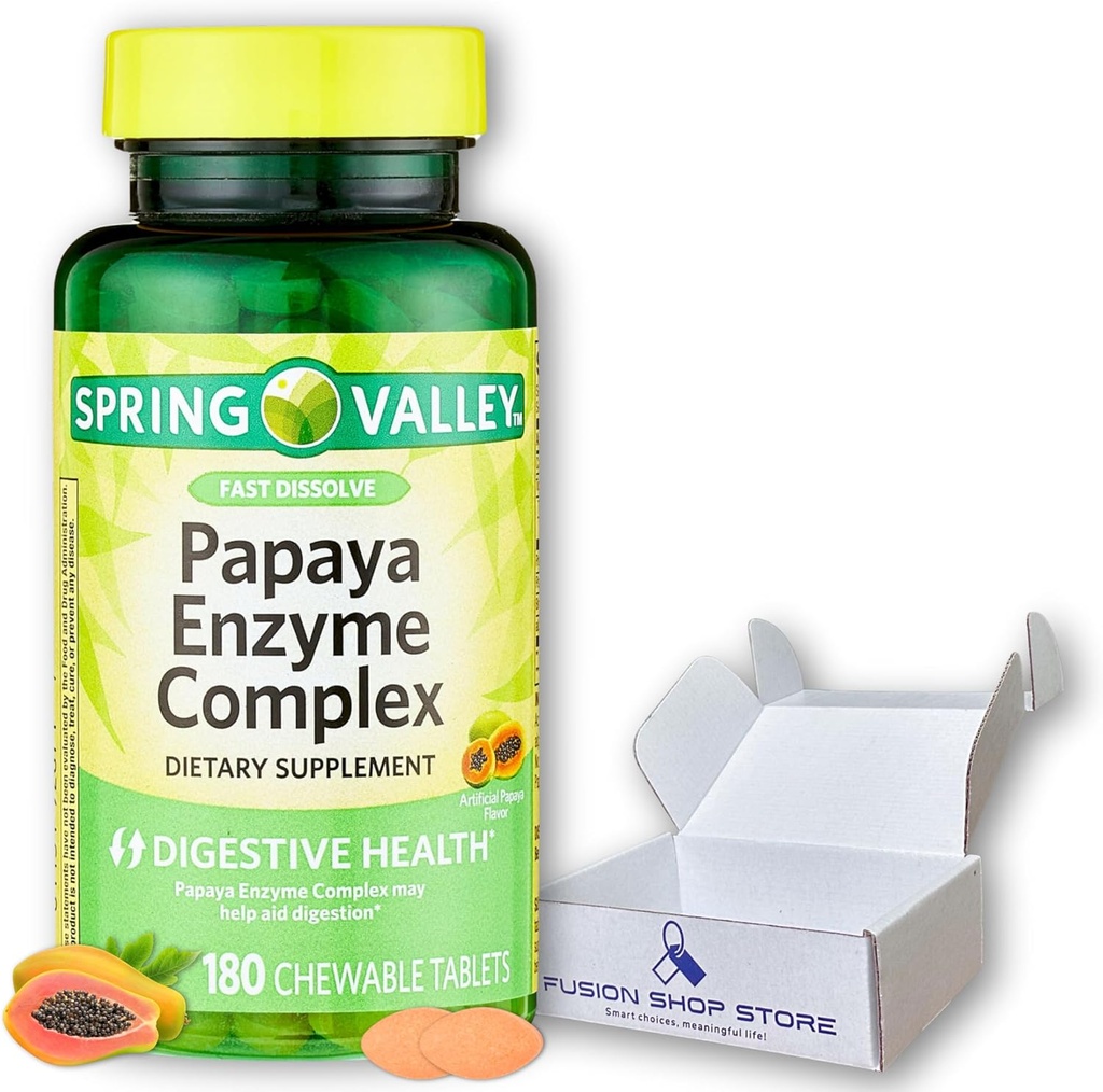 Papaya Enzymes Chewable- Comprimés complexes Complément alimentaire, 180 Compte (paquet de 1), Boxed by Fusion Shop Store