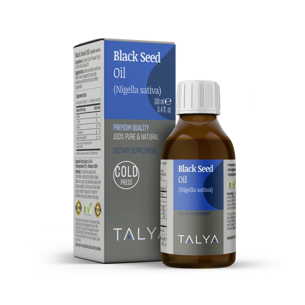 TALYA Black Seed Oil 3,4 fl. oz (100 ml) - Liquid Black Seed Oil - Dietary Supplement - Immune Support - High Thymoquinone - Cold Pressed - Pure Turkey Black Seed Oil - Non-OGM - Bouteille en verre