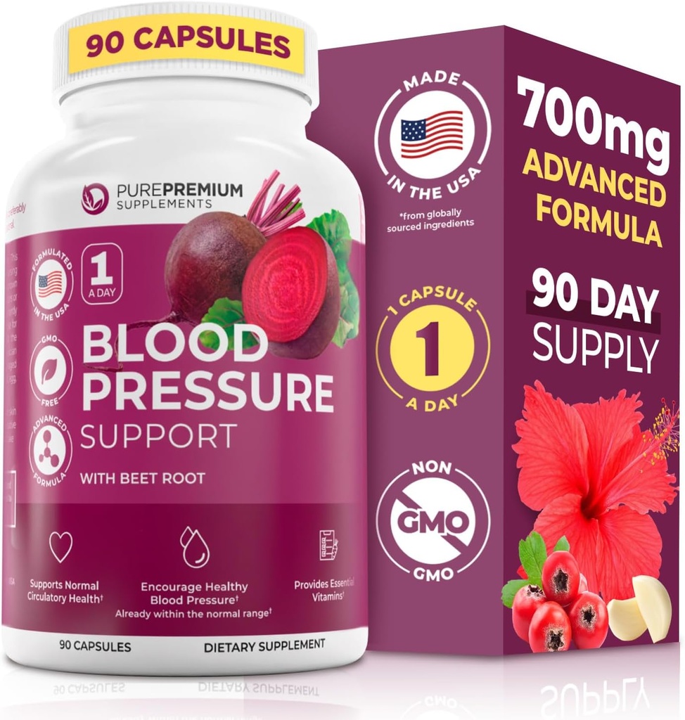 Capsules de racine de betterave PurePremium pour le soutien de la pression artérielle – Formule avancée de 700mg avec poudre de betterave, Hawthorn, Hibiscus et l'ail pour la production normale d'oxyde nitrique et la santé cardiaque – Non-OGM - 90ct