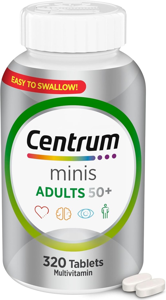 Centrum Minis Tablet Multivitamine Argent pour Adultes 50 Plus, Supplément Multiminérale, Vitamine D3, B-Vitamines, Sans gluten, Ingrédients non OGM, soutient la mémoire et la cognition chez les Adultes plus âgés - 320 Ct