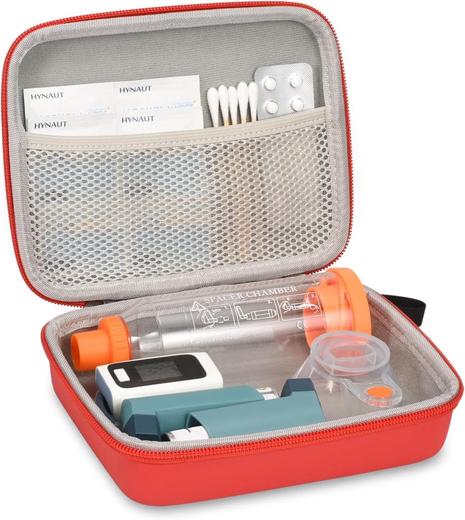 Hard Travel Case for Asthma Inhaler and Accessories, with Mesh Pocket for Medicine, Red