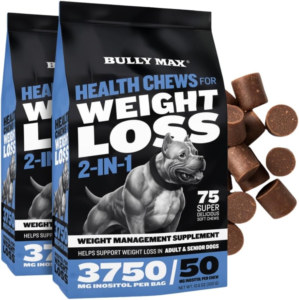 Bully Max 2-en-1 Chien Health Chews for Weight & Wellness – Soft Chews for Adult & Senior Dogs – Soutient la digestion, l'énergie et le poids corporel sain – 2 packs (75ct Chaque pack)