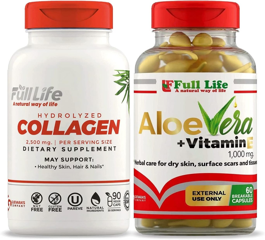 Full Life Hydrolyzed Collagen Supplement - Bovine Collagen Pills 90 Capsules and Aloe Vera with Vitamin E Capsules for Skin - Hydrating Face Moisturizer - 60 Breakable Capsules