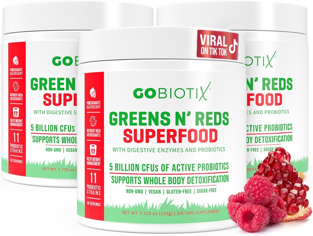 GOBIOTIX Super Greens and Reds Powder - Red and Green Superfood - Supplément probiotique - Enzymes digestifs et poudre de racine de betterave - Complément alimentaire biologique entier (Pom Raspberry, 3 Pack)
