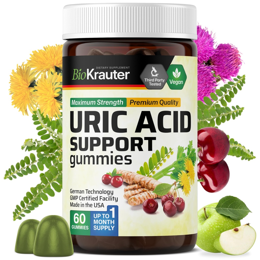 BIO KRAUTER Uric Acid Support Gummies - 60 Végétaliens Chews - Uric Acid Support w/Tart Cherry & Chanca Piedra 4:1 Extraits - Supplément naturel de rein avec chardon et curcuma