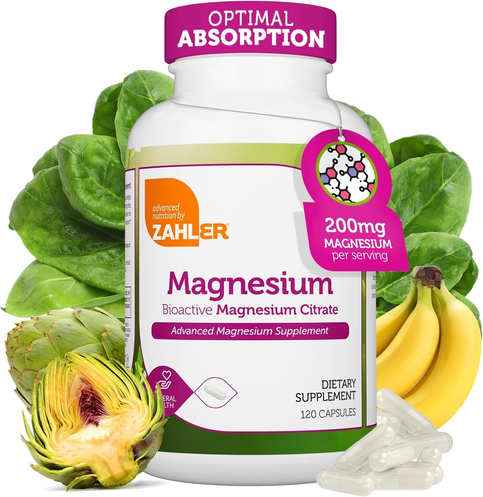 Zahler - Capsules de supplément de magnésium 200 mg (120 Count) Citrate de magnésium bioactif certifié Kosher pour absorption maximale - Minéral de magnésium naturel pour les hommes et les femmes - Meilleurs suppléments de magnésium