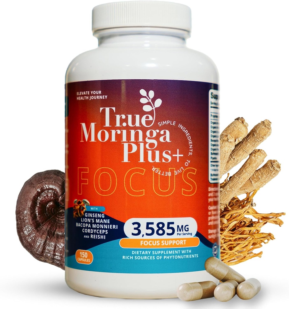 True Moringa Plus+ Focus Support Supplément 10:1 Extrait de 20 000mg de Moringa biologique, Reishi, Cordyceps, Lion, Mane, Ashwagandha, Bacopa Monnieri.