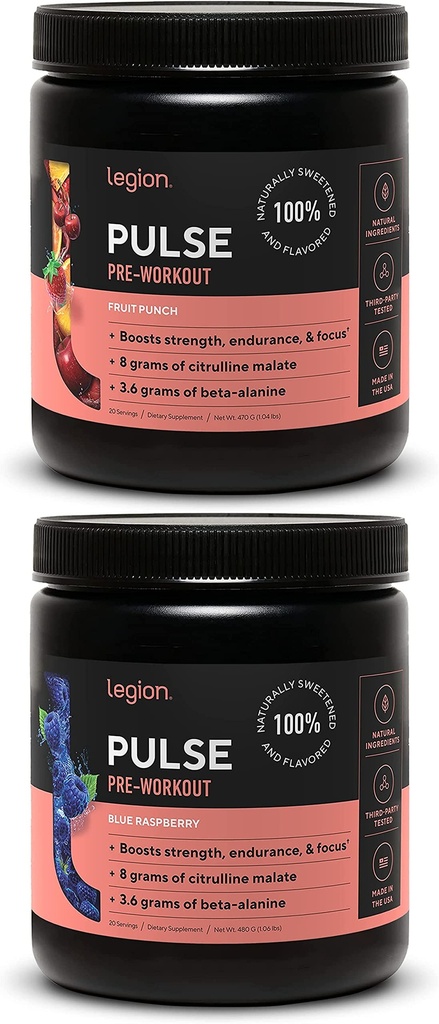 LÉGION Pulse Pre Workout Supplément - Toutes les boissons naturelles à oxyde nitrique pour stimuler l'énergie, sans créatine, naturellement sucré, Beta Alanine, Citrulline, Alpha GPC (Fruit Punch & Blue Raspberry)