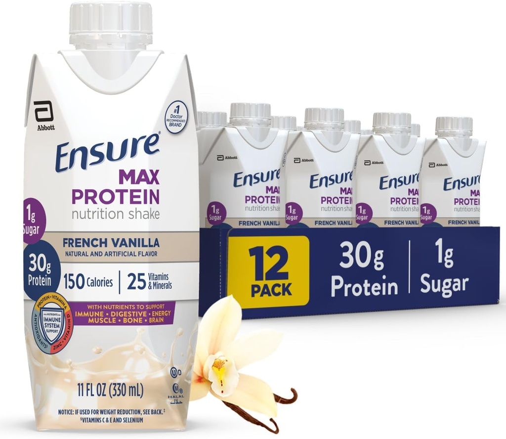 S'assurer que Max Protein Shake , Vanille Française Prêt à boire , 30g Protéines pour la santé musculaire , 1g Sucre , 4g Fibre , 11 fl oz , 12 Pack